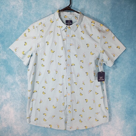 George Other - George NWT Men's Bananas Slim Fit Short Sleeve Shirt, Blue, Size Large